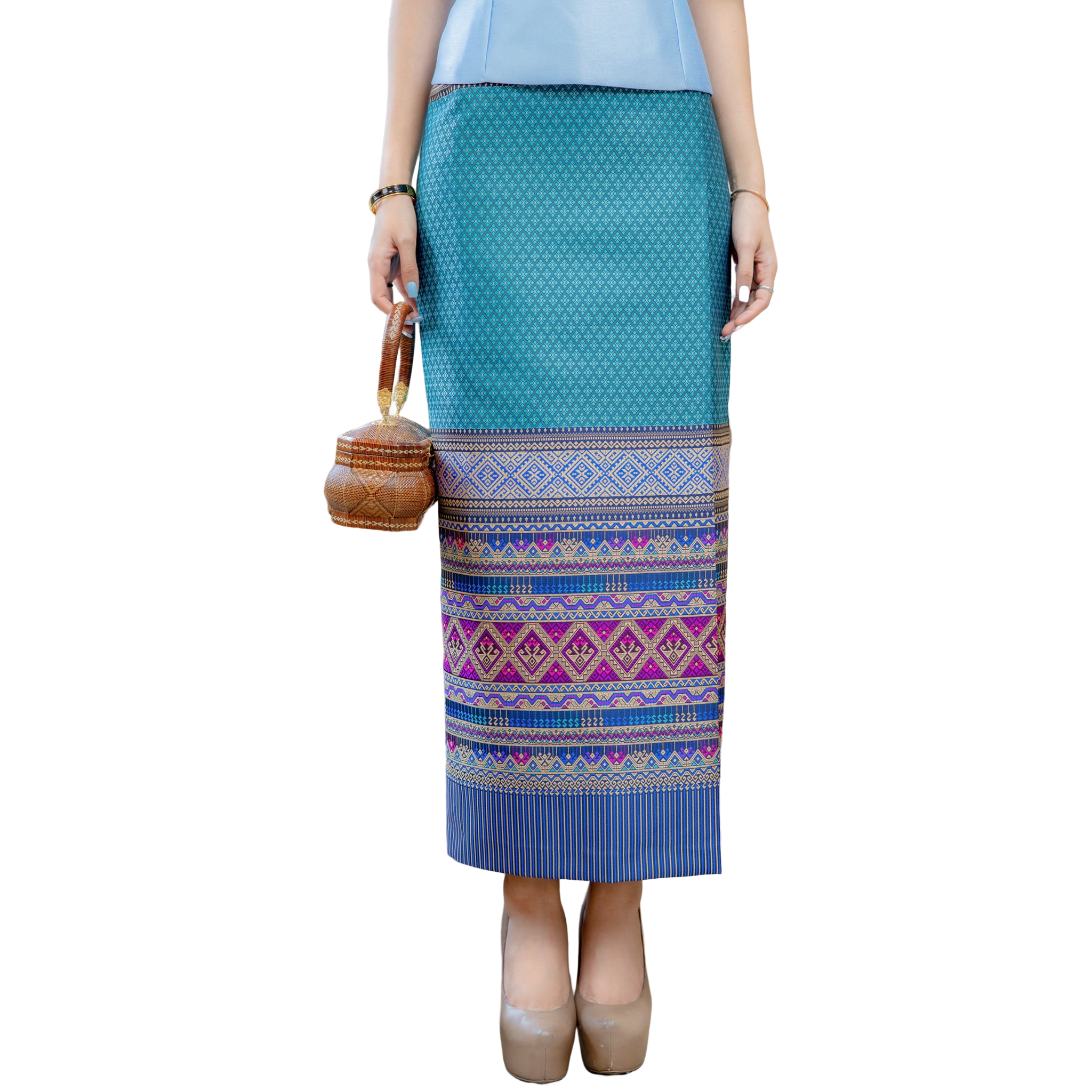 kudapy เซต 2 ชิ้น เสื้อผ้าไหมญี่ปุ่นเนื้อทรายคอกลม แขนแต่งระบายสีฟ้า+ผ้าถุงทอลายดอกพิกุลอย่างดีสีฟ้าน้ำเงิน งานมีซับใน ซิบหลัง