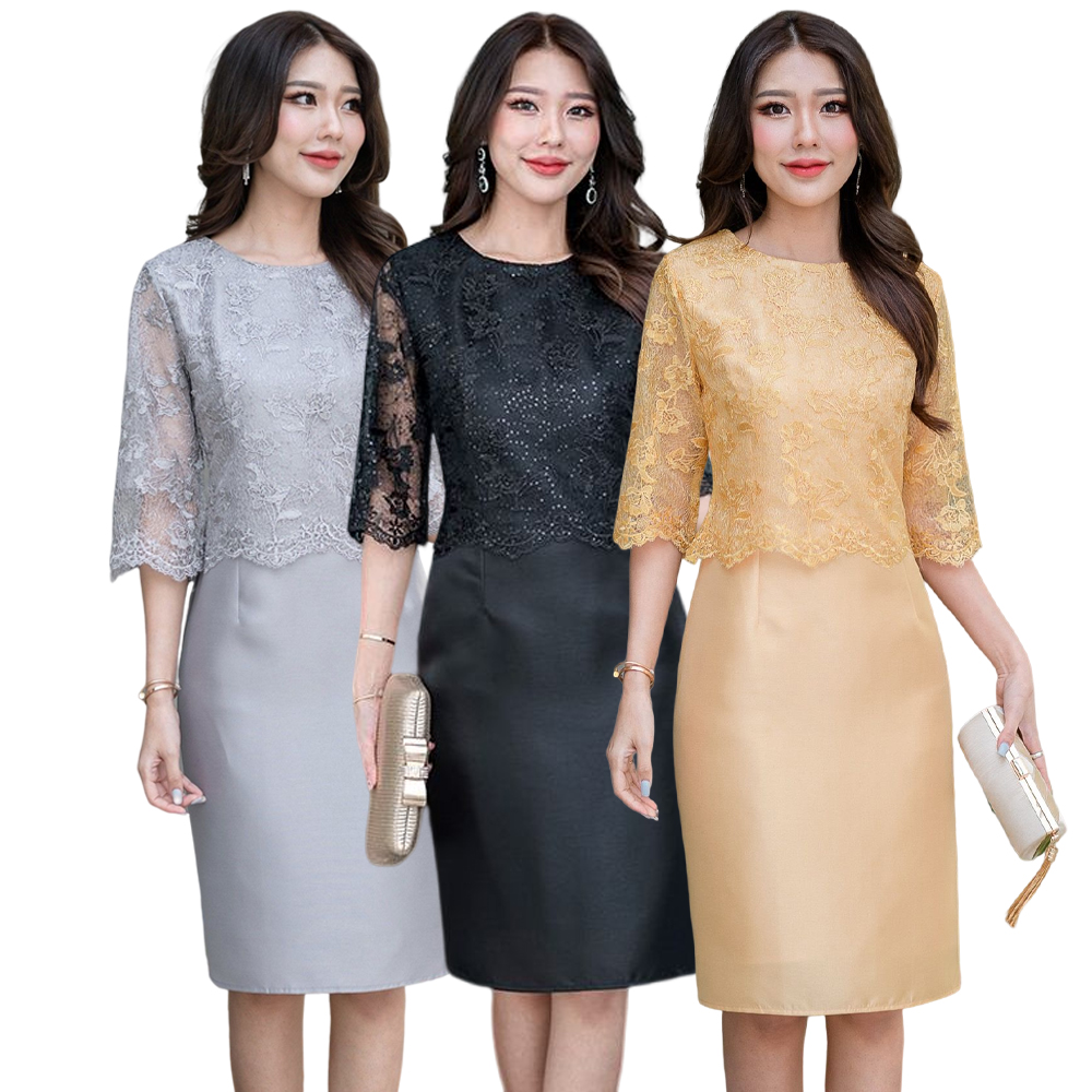 kudapy เดรสสั้นสีดำ,สีเทา ,สีทอง ผ้าไหมลูกไม้ปัก งานดีไซน์เย็บคลุมด้วยเสื้อลูกไม้แขนศอกด้านบน ผสมผสานผ้าไหมและลูกไม้อย่างลงตัว
