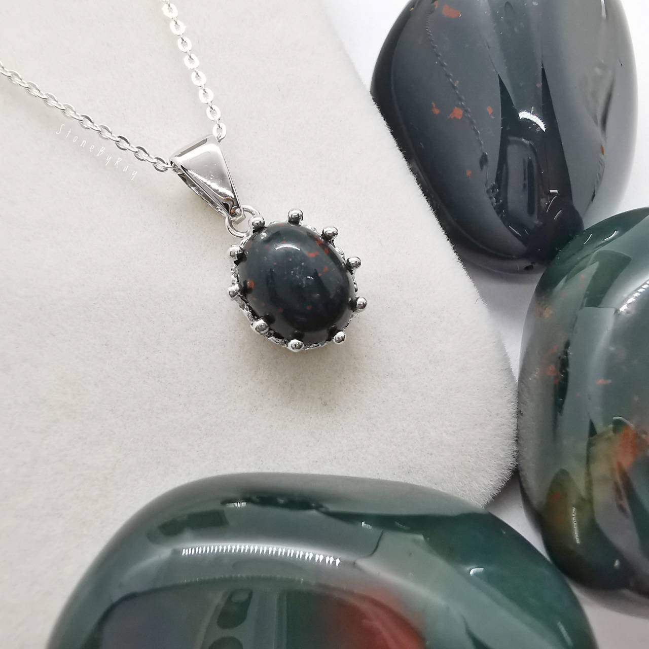 สร้อยคอเงินหินบลัดสโตน(หินเลือด) Bloodstone