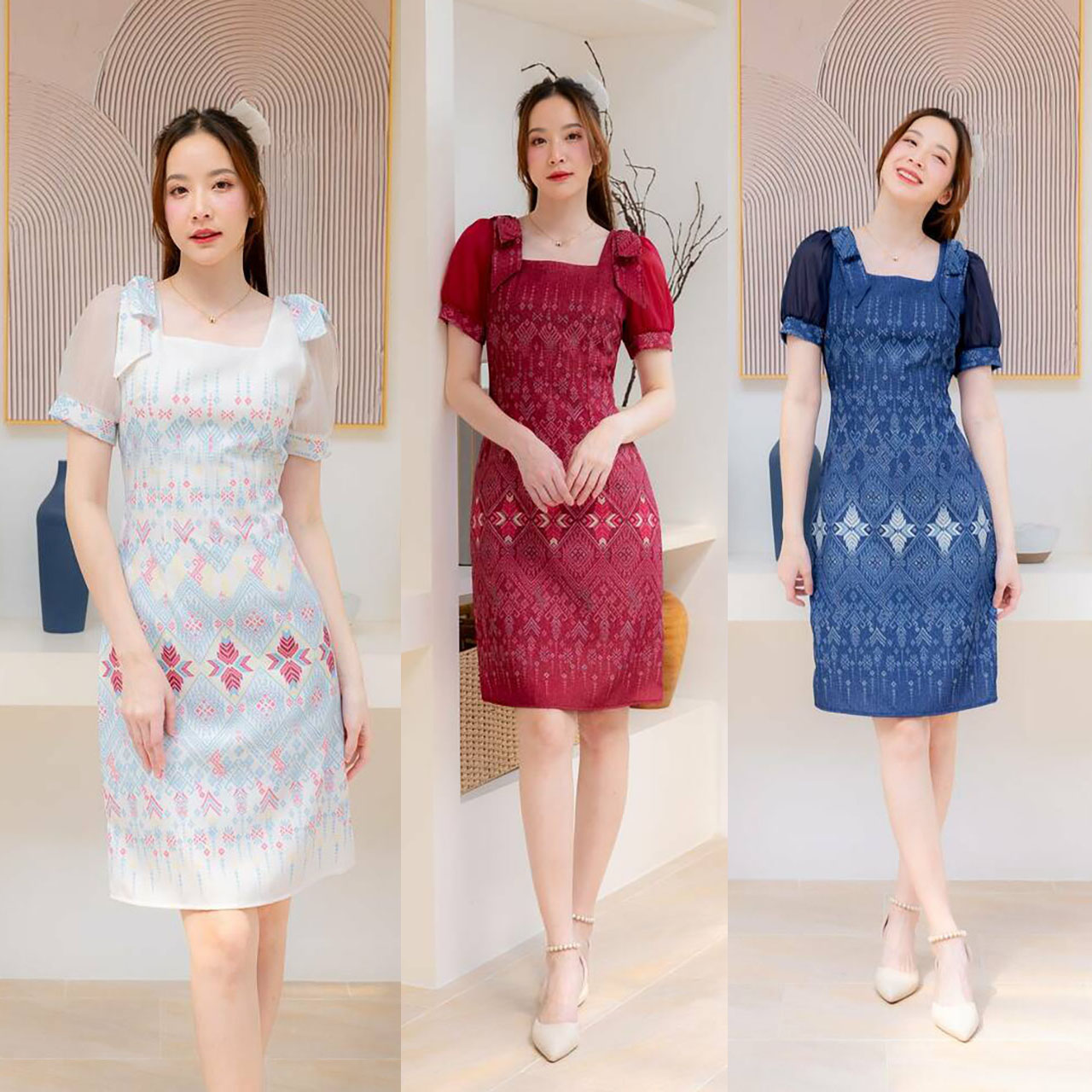 kudapyเดรสสั้นสีกรม/สีขาว/สีแดง ผ้าลายไทยไหล่โบว์