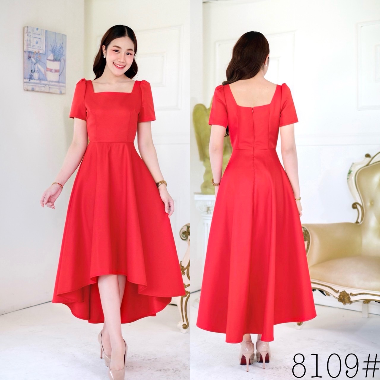 kudapy เดรสสั้นสีฟ้า/สีแดง แขนสั้น คอเหลี่ยม เกาหลีมากแม๊ คัตติ้งเริศแบบอลัง กระโปรงทรงหน้าสั้นหลังยาว