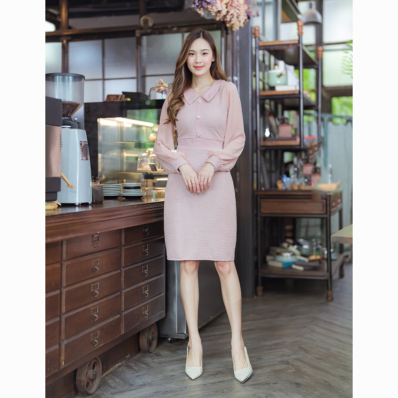 kudapy เดรสสั้นสีขาว/สีดำ/สีชมพู คอปกแขนยาวแต่งกระดุม