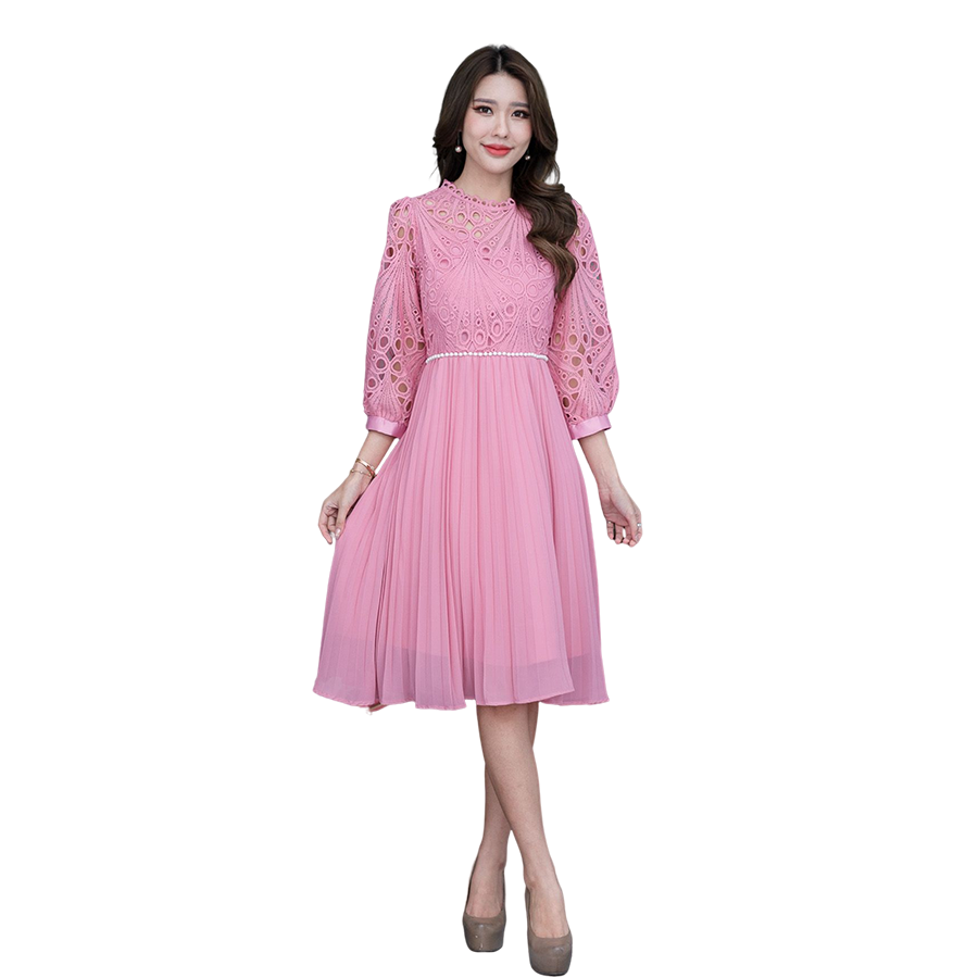 kudapy เดรสสั้นคอปีน แขนพองสีชมพู สีน้ำตาลกะปิ เดรสระบาย แต่งลูกปัดเพิ่มดีเทลที่เอว แขนสามส่วน งานมีซับใน ซิบหลัง