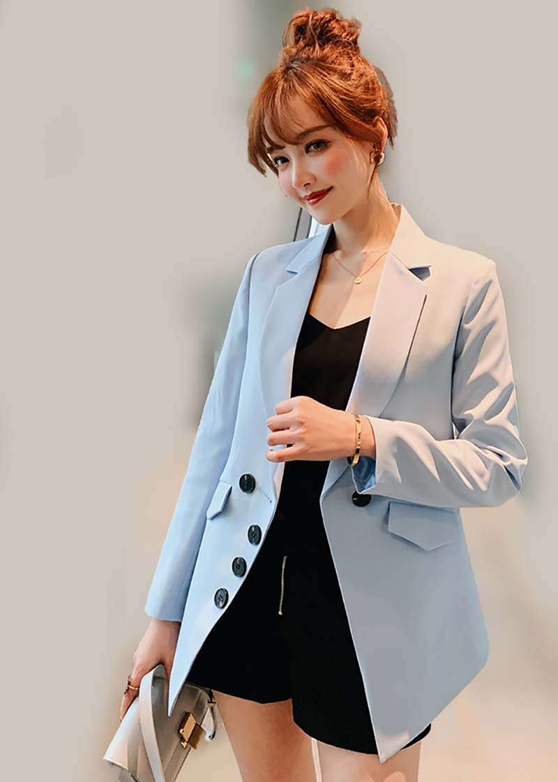 เสื้อสูทสีฟ้า คอปก กระดุมหน้าสีดำ สไตล์สาวเท่ห้ามพลาด สวยๆๆ ใส่วันแม่คะ