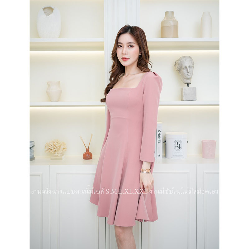 kudapy เดรสสั้นสีชมพู/สีขาว แขนยาวทรงกระโปรงบานน่ารักกก เรียบร้อยมินิมอล ใส่ทำงาน ใส่ออกงาน งานบุญ งานแต่ง งานเช้า