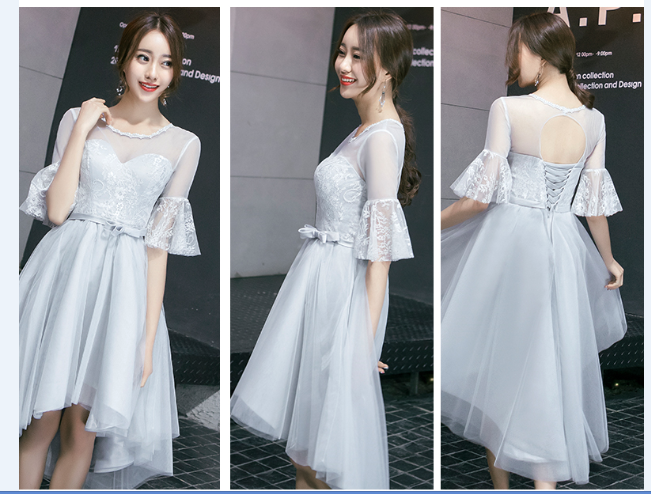 kudapy ชุดราตรีหน้าสั้นหลังยาวสีเทา ไหล่เฉียงแต่งโบว์ผ้าซีทรู กระโปรงทรงบาน