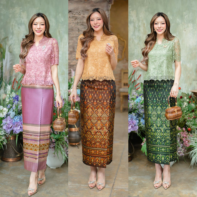 kudapy เซ็ทเสื้อลูกไม้คอวี แขนสั้นสีเขียว/สีเหลืองทอง/สีชมพู+ผ้าถุงผ้าไหมสวยดูดี ใส่ออกงาน งานเสื้อพรีเมี่ยมสุดๆ