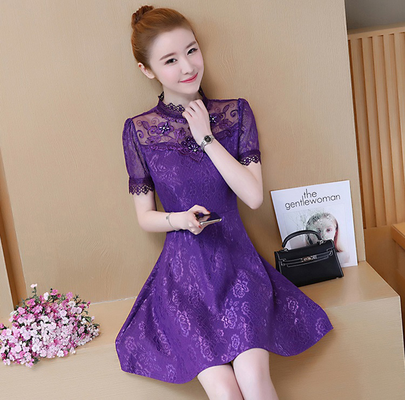 kudapy เดรสสั้นลูกไม้คอปีนสีม่วง/สีส้มโอรส เดรสลูกไม้เนื้อนิ่มใส่สบาย มีซับใน ซิบหลัง แขนสั้น