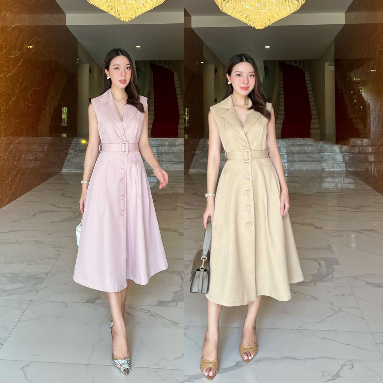 kudapy เดรสยาวสีชมพู/สีครีม สูททรงสวยคลาสสิค ผ้านุ่มใส่สบาย เดรสมีซับในทั้งตัว กระดุมจริง