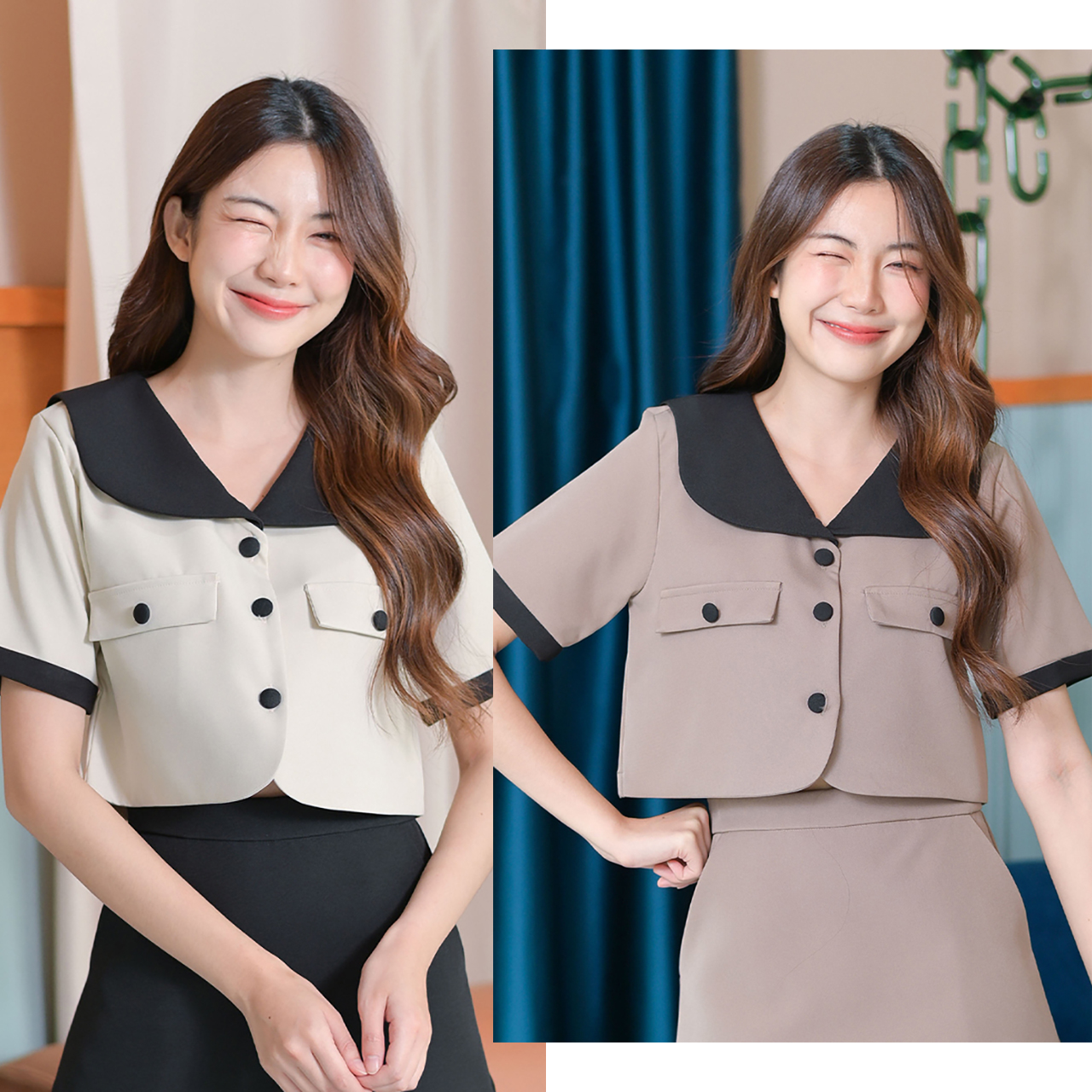 kudapy เสื้อครอปทูโทนดีไซน์น่ารัก แต่งปกกะลาสีเล่นสีทูโทน กระดุมหน้าเป็นกระดุมปั๊มเพิ่มความปัง เนื้อผ้าอยู่ทรง (เฉพาะเสื้อ)