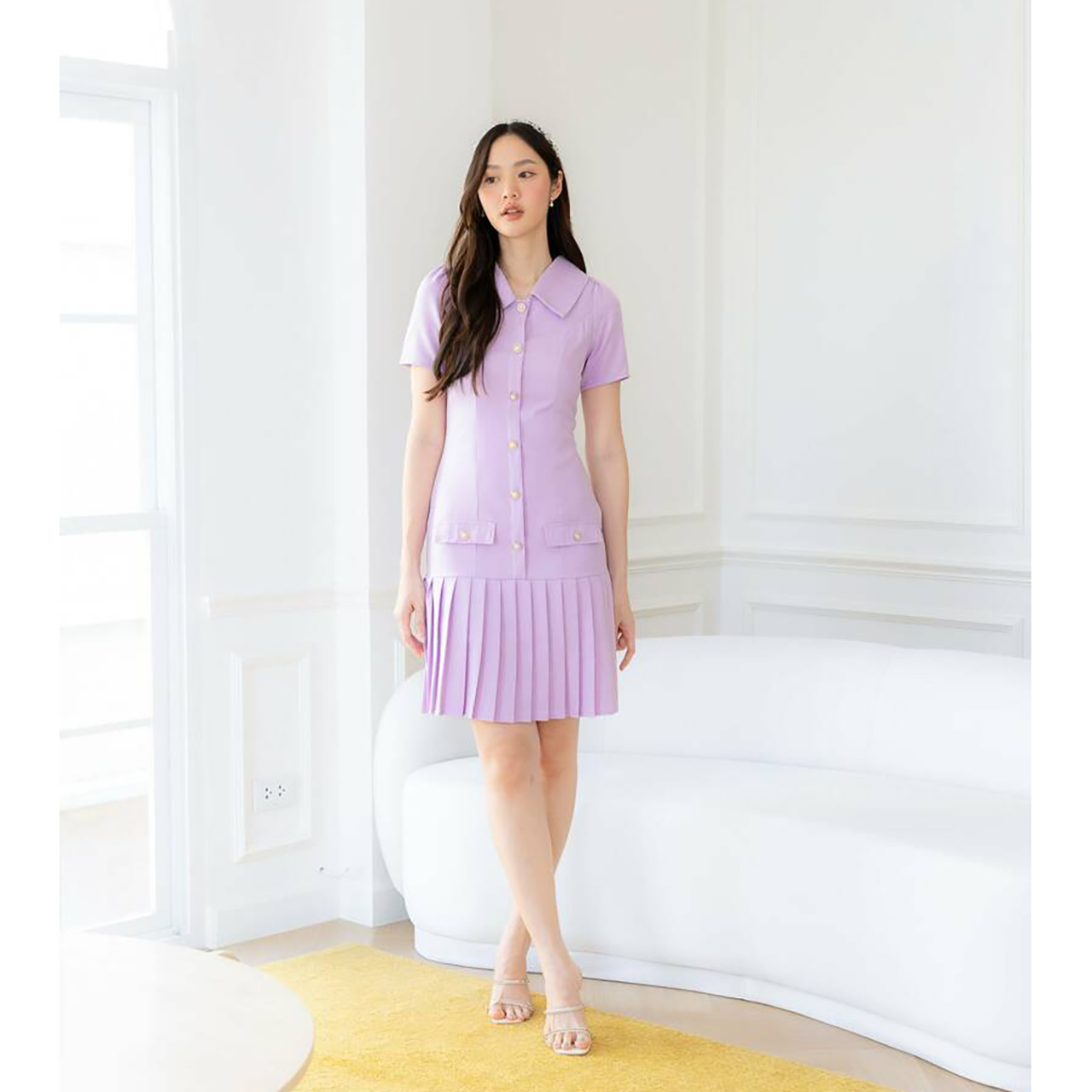 kudapy เเดรสสั้นสีชมพู/สีม่วง/สีฟ้า เดรสคอปกกระดุมมุกกระโปรงพลีท