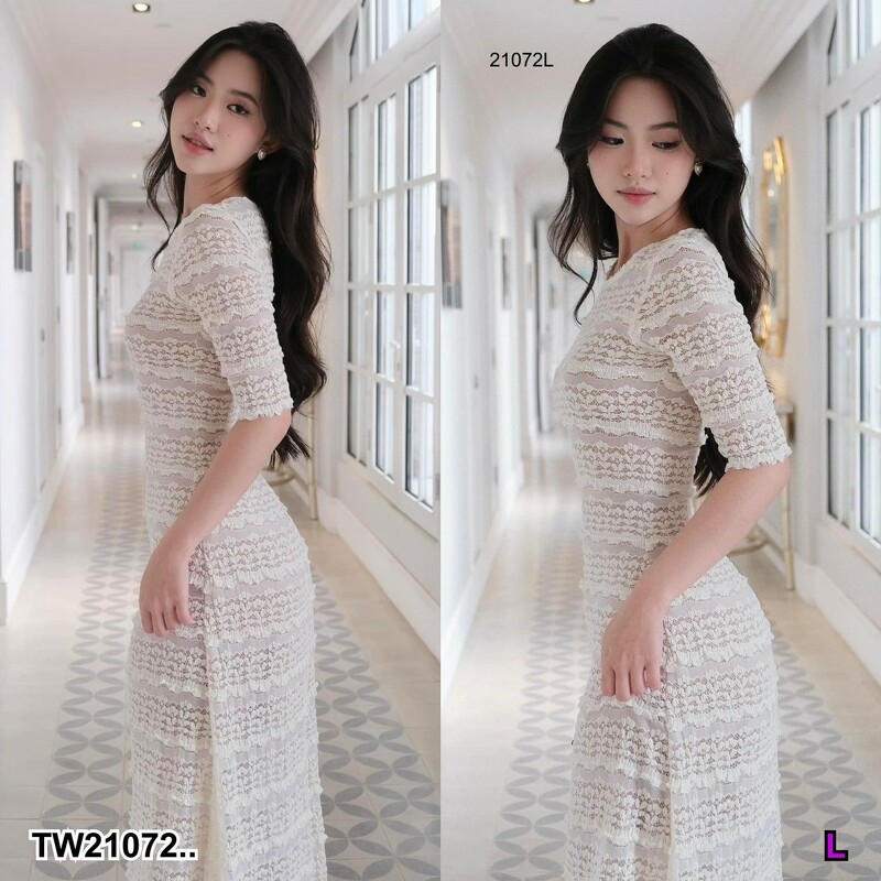 kudapy เดรสยาวสีขาว ลูกไม้ แขนสามส่วน เดรสแขนสามส่วน สไตล์ลูกคุณ สาวหวานเรียบร้อย