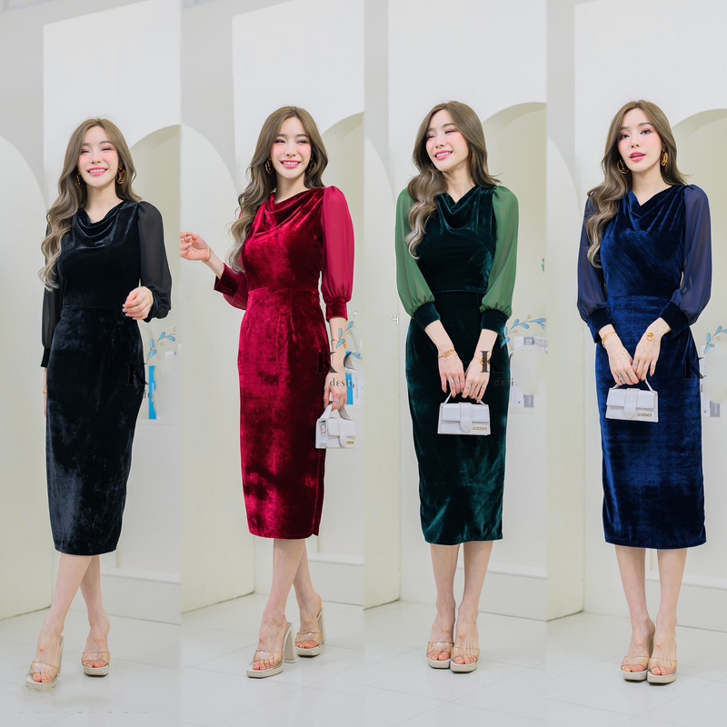 kudapy เดรสสี/สีกรม/สีแดง/สีเขียว กำมะหยี่ แขนยาวแต่งแขนชีฟอง คอถ่วงผ่าหลังเรียบหรู ไฮโซและให้ลุคกึ่งทางการ