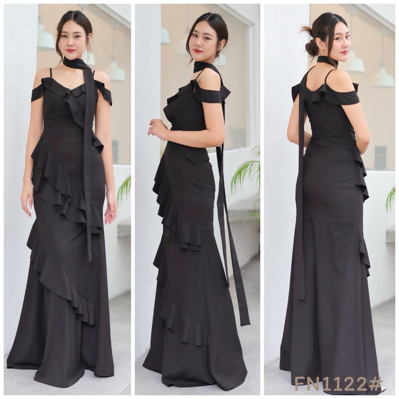 kudapy แม๊กซี่เดรสออกงาน สายเดี่ยวเปิดบ่า ระบายทั้งตัว เนื้อผ้าชีฟองหนา สวยพริ้ว