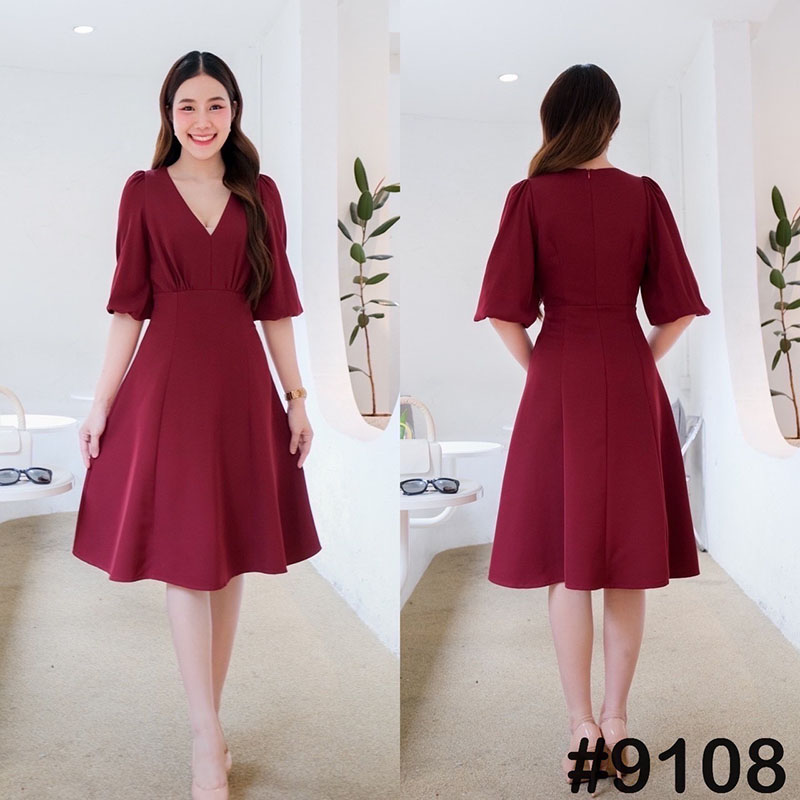 kudapy เดรสสั้นสีโอรส/สีแดงเบอร์กันดี /สีเขียวพิตาชิโอ้/สีครีมนู้ด/สีชมพู คอวี ดีเทลจีบช่วงอก รุ่นนี้ใส่ง่ายใส่สบาย ใส่แล้วดูผอม แขนศอกเรียบหรู กระโปรงฟรีสะโพก