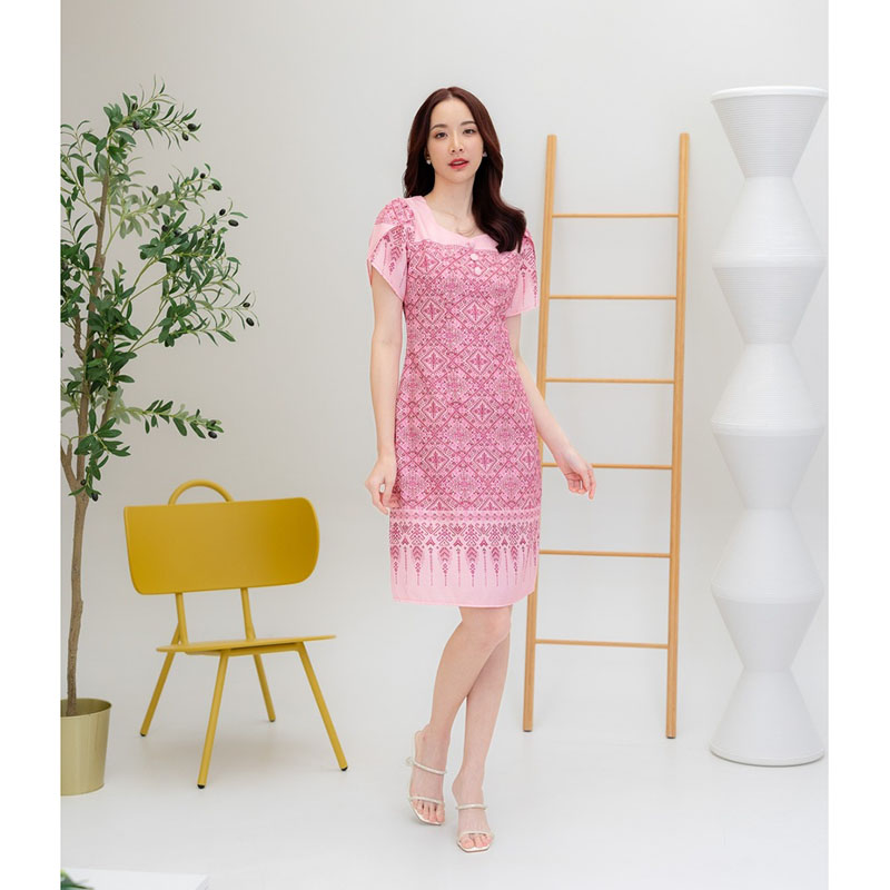 kudapy เดรสสั้นสีฟ้า/สีชมพู/สีม่วง ผ้าลายไทยแขนกลีบบัว