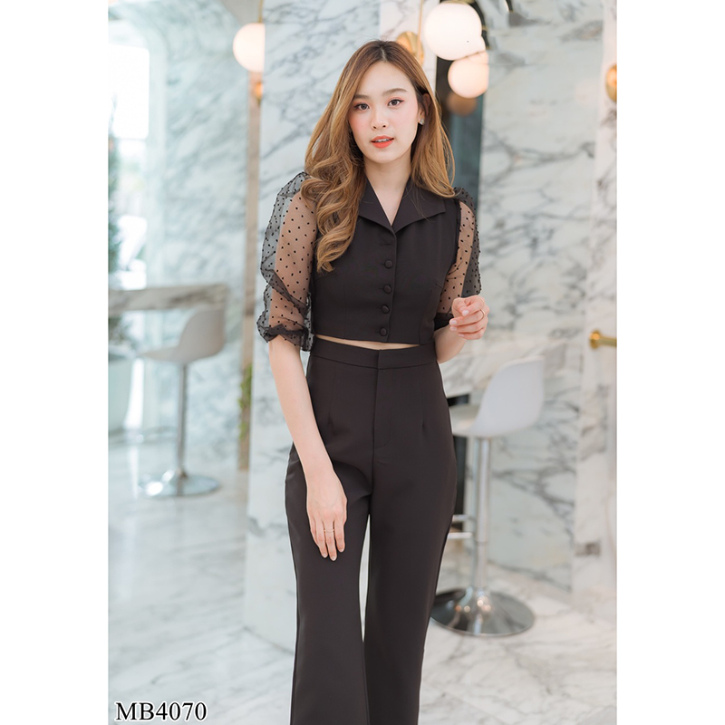 kudapy ชุดเซทเสื้อแขนยาวชีฟองสีดำ/สีครีม เข้าชุดกับการเกงขายาว ใส่สวยดูดี