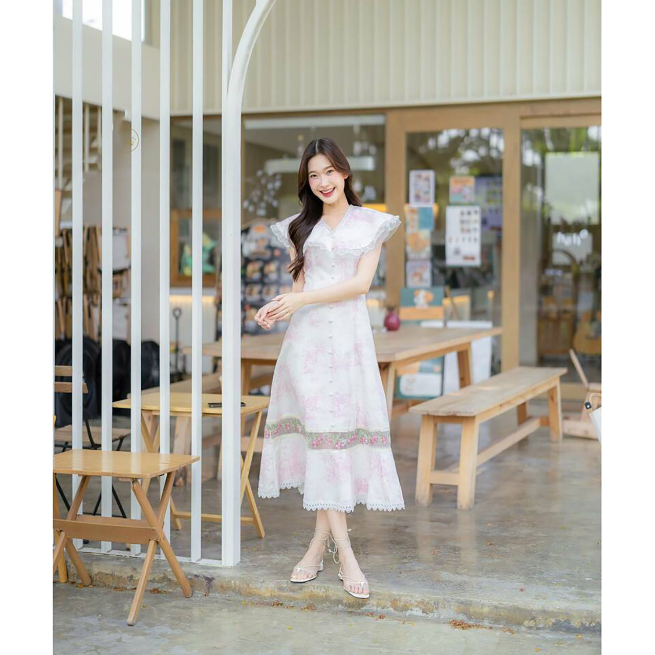 kudapy เดรสยาวคอปกแต่งระบายผ้าลูกไม้ใส่สบายสวยดูดี