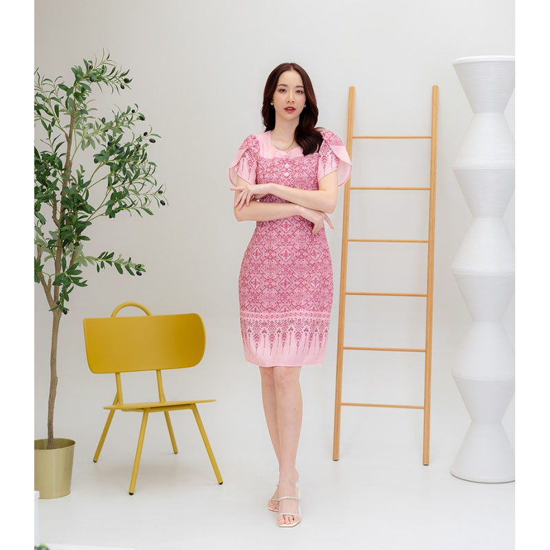 kudapy เดรสสั้นสีฟ้า/สีชมพู/สีม่วง ผ้าลายไทยแขนกลีบบัว