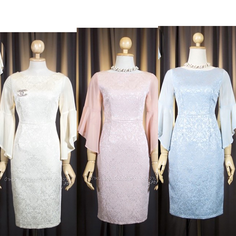 kudapy เดรสสั้นสีชมพู/สีฟ้า/สีกรม คอกลม แขนชีฟองปลายแขนไล่ระดับ ทรงเรียบหรู กระโปรงทรงสอบ ผ่าหลัง