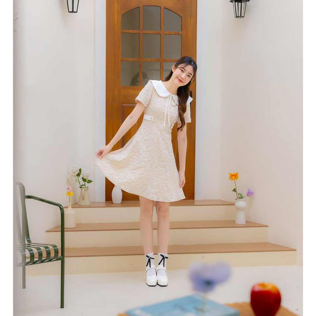 kudapy เดรสสั้นสีชมพู สีน้ำตาล สีฟ้า คอปกแจคกาดคาดเอว