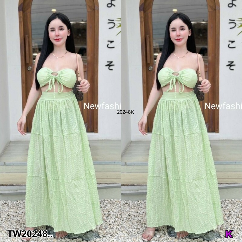 kudapy Set 2 ชิ้น เสื้อเสริมฟองน้ำ ผูกเชือกด้านหน้า + กระโปรงยาว เดรสเที่ยวทะเล