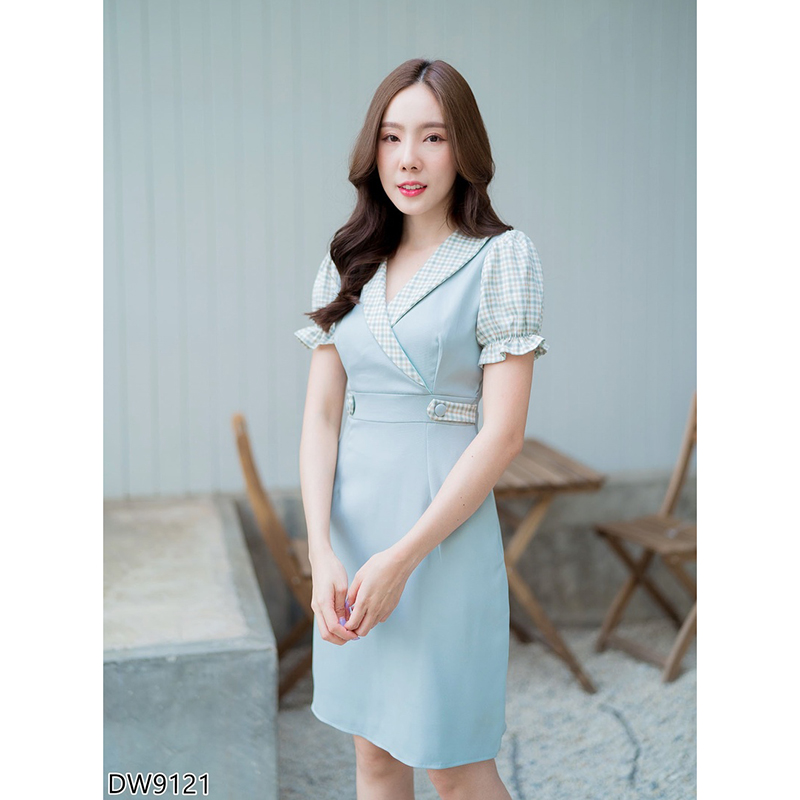 kudapy เดรสสั้นคอปกแขนสั้นจั้มสีชมพู/สีเขียว/สีกรม คอวีปกแขนตุ๊กตาสก็อตใส่สวยดูดีมากๆ