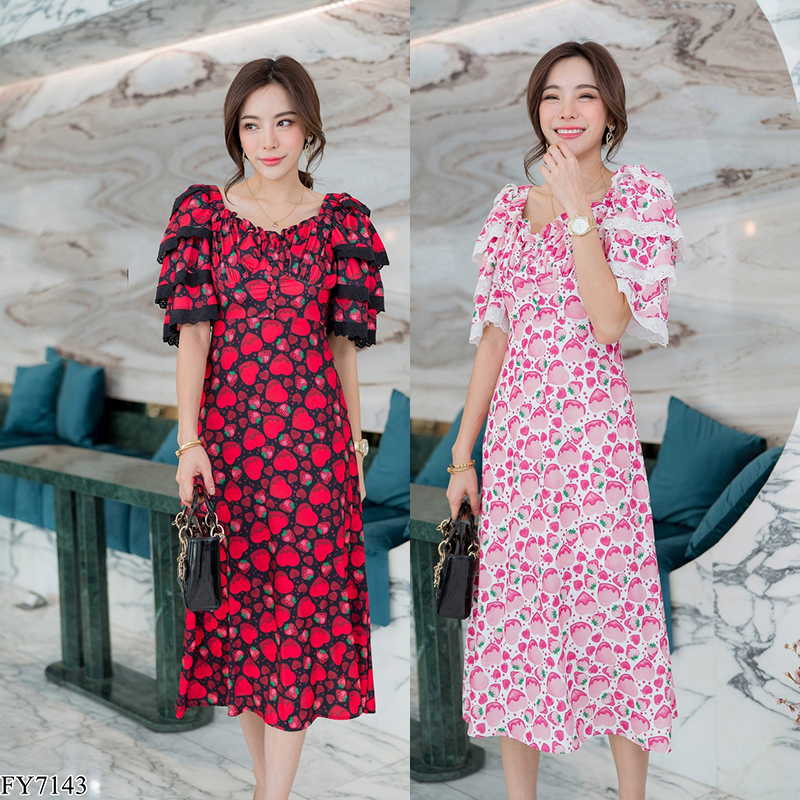 kudapy เดรสยาวสีขาว/สีดำ แขนระบายชั้น ใส่สบายสวยดูดีน่ารัก