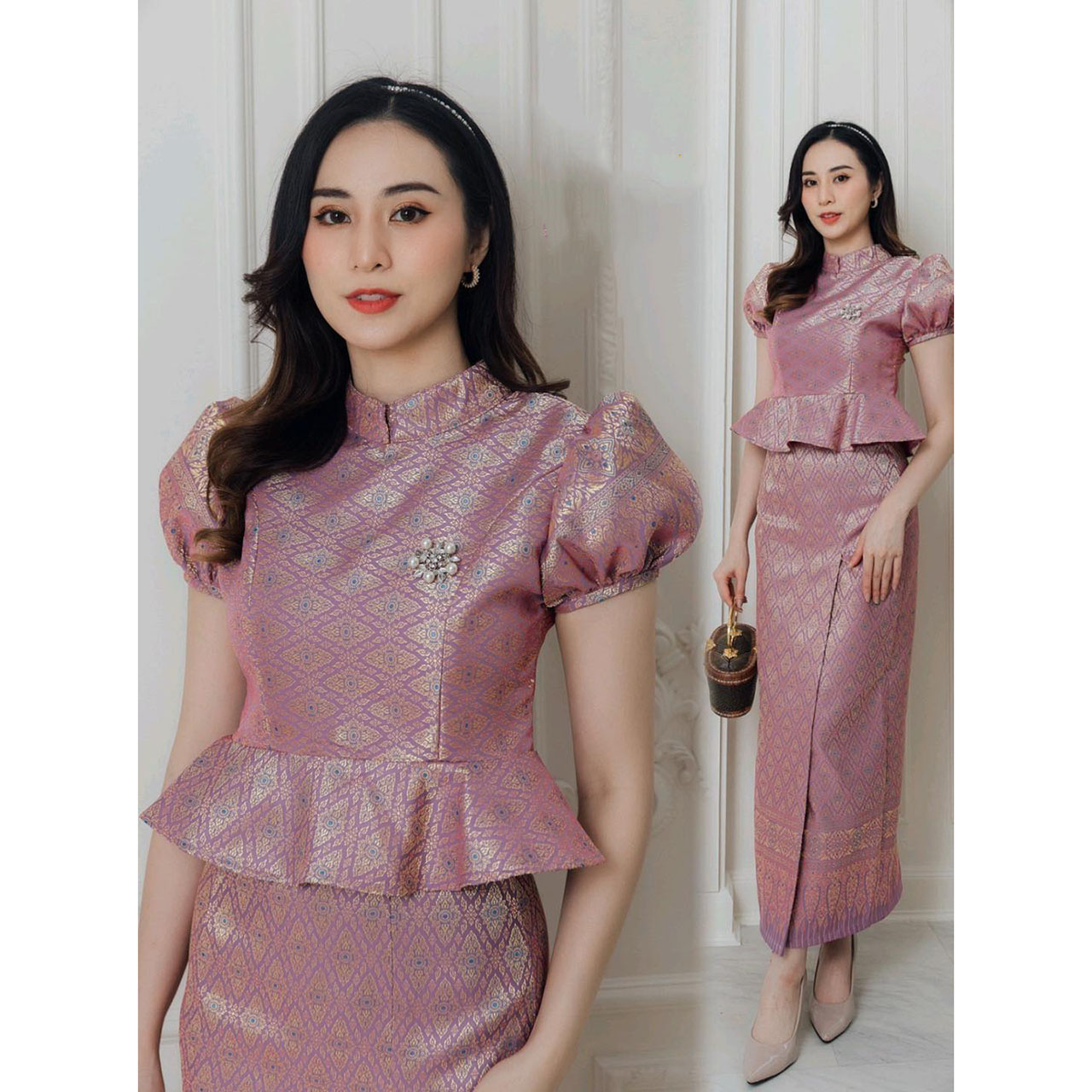 kudapy ชุดผ้าลายไทยคอจีนสีชมพู แขนสั้น เอวแต่งจีบสวยใส่ออกงานบุญ งานแเต่ง สวยดูดี