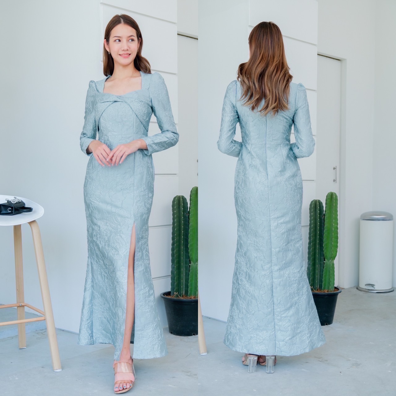 kudapy เดรสยาวสีดำ/สีแดง/สีชมพู/สีทอง/สีฟ้า/สีกรม คอเหลี่ยม ดีไซส์ทวิสอกแขนยาว กระโปรงทรงหางปลา ซิบหลังเนื้อผ้าทอลายนูน