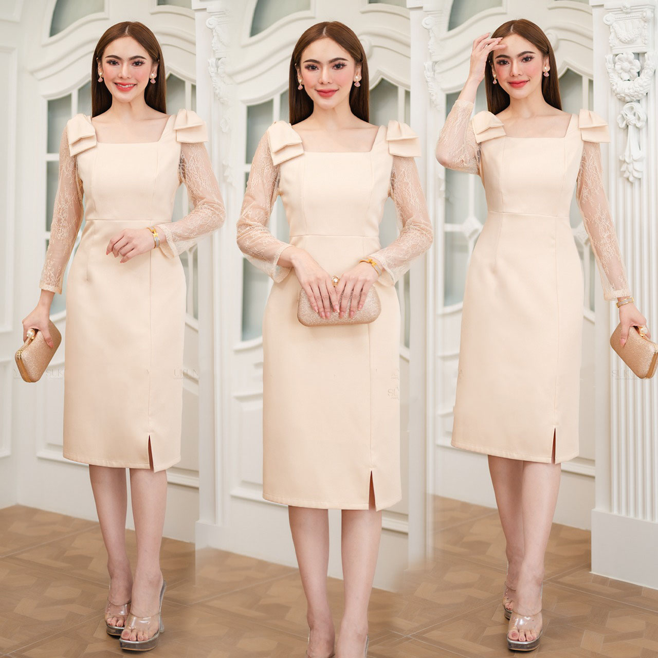 kudapy เดรสผ้าโพลีเอสเตอร์ช่วงแขนเป็นลูกไม้ ตรงบ่าแต่งโบว์ มีซับใน กระโปรงทรงเอผ่าหน้า ใส่สบาย