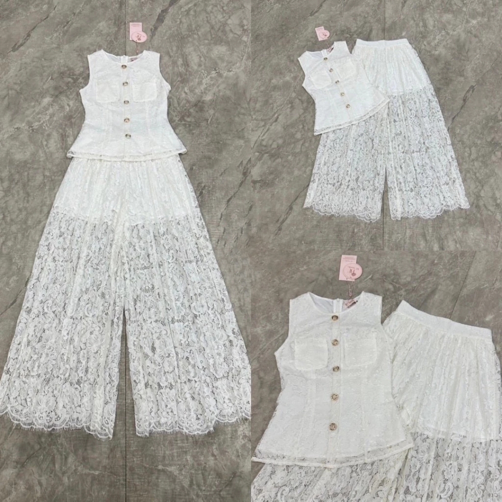 kudapy เซตเสื้อลูกไม้คอกลมแขนกุดสีขาว+กางเกงขายาวทรงกระบอกผ้าลูกไม้