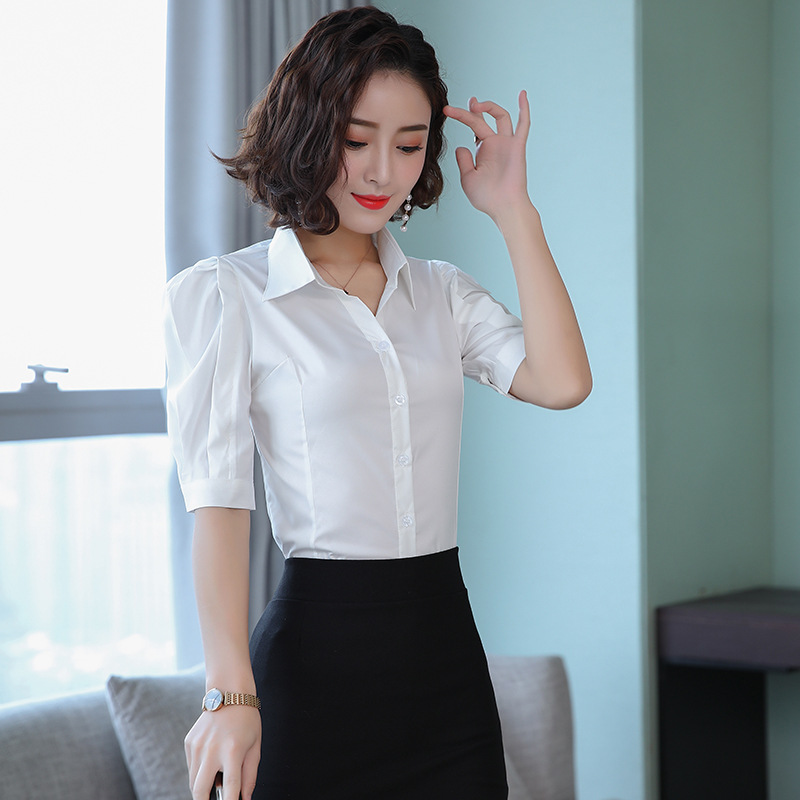 kudapy เสื้อเชิ้ตทำงานสีขาวคอปก แขนสั้นจับจีบไหล่พอง