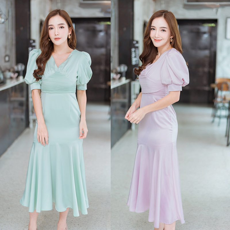 kudapy เดรสยาวสีเขียว/สีชมพู แขนตุ๊กตาคอวีผ้าใส่สบายสวยดูดี คุณหนูมากๆ
