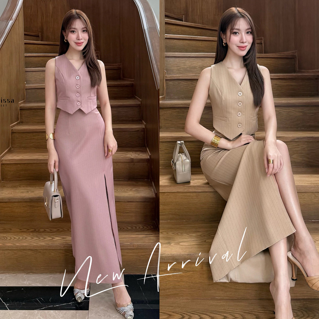 kudapy ชุดเซ็ทสีชมพูกะปิ/สีชมพูนู้ด/สีครีม ลายริ้วเสื้อแขนกุด+กระโปรงยาวผ่าหน้า สวยเกร๋มาก