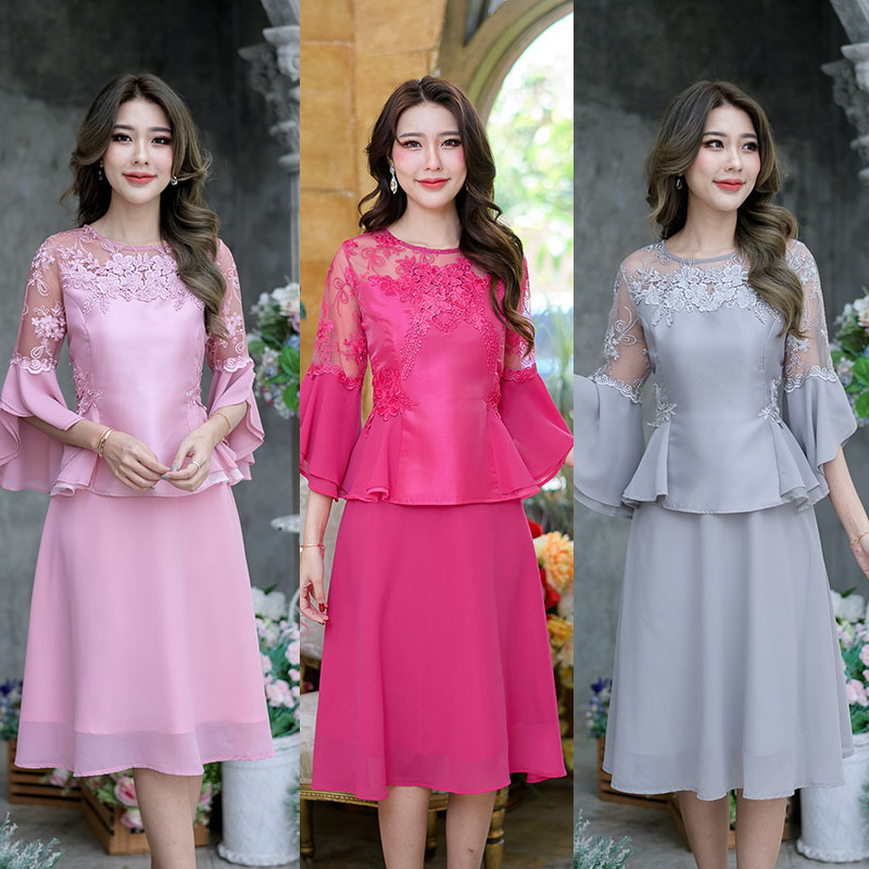 kudapy เดรสสั้นสีชมพูบานเย็น/สีเทา/สีชมพู เป็นงานผ้าไหมแต่งลูกไม้ + ผ้าชิฟฟ่อน ดีเทลมากมายตกแต่งสวยหวาน