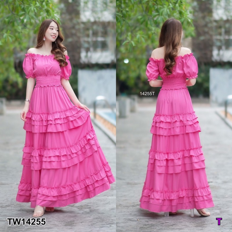 kudapy เดรสยาวสี ขาว ชมพู เหลือง แดง โอรส เปิดไหล่ แขนตุ๊กตา เอวสม็อกรอบ แต่งระบายชั้นๆ ทรงสวยบางระบายเข้ารูป