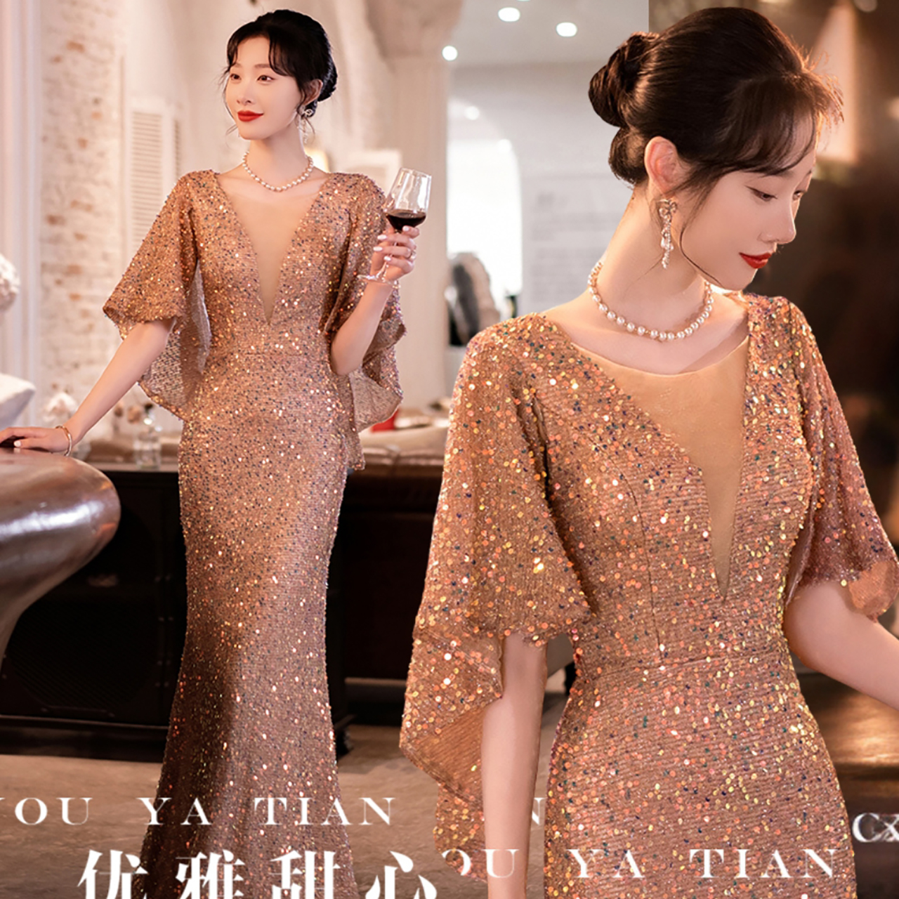 kudapy เดรสยาวสีชมพู/สีแดง เรียบหรู สวยดูดี ดูแพง ใส่งานกลางวัน กลางคืน ชุดไปงานแต่งงาน ชุดไปงานเลี้ยงราตรี