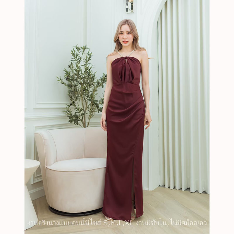 kudapy เดรสยาวสีชมพู/สีนู้ด/สีแดงเลือดหมู คล้องคอสายเพชร ผ้าเครปซาตินซับในทั้งชุด ชุดราตรีพรีเมี่ยม