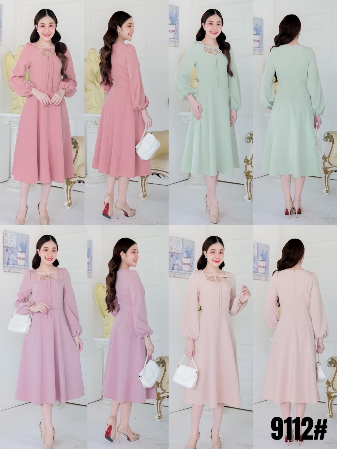 kudapy เดรสยาวคอเหลี่ยม แต่งริ้บบิ้นผูกคอ แขนยาวขอมือใส่ยางยืด กระโปรงบานใช้ผ้าต่อ8ชิ้น