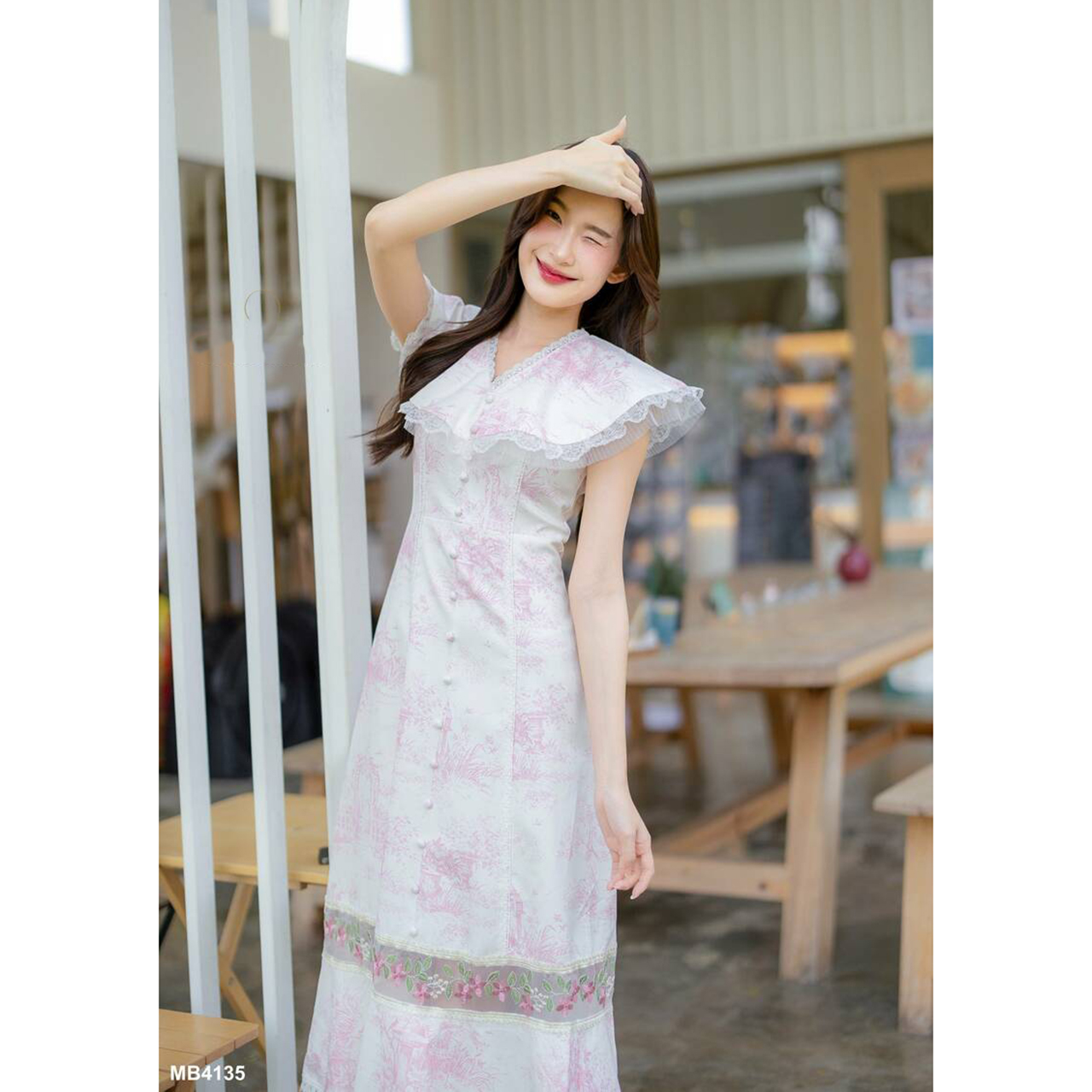 kudapy เดรสยาวสั้นสชมพู/สีฟ้า คอปกแต่งระบาย