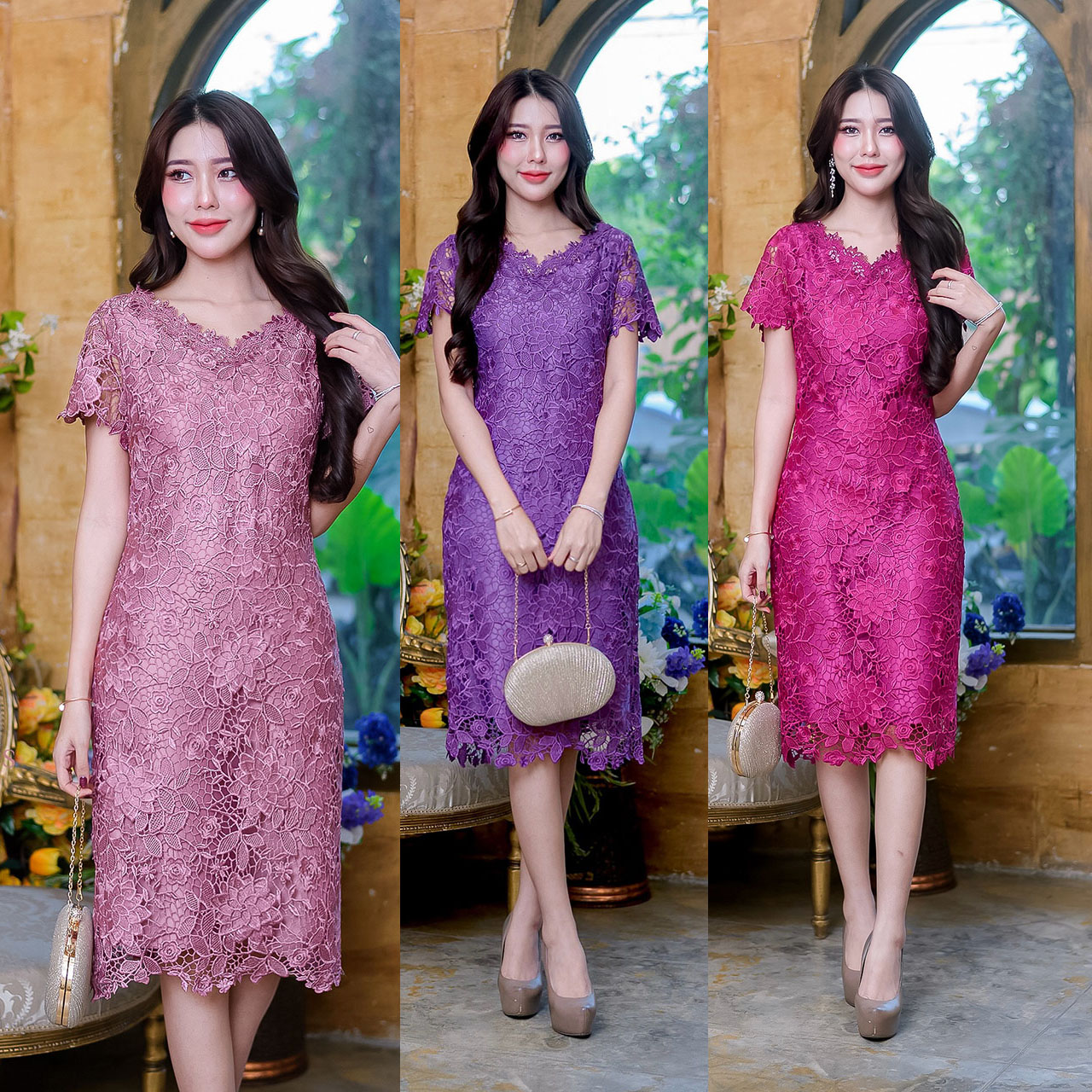 kudapy เดรสสั้นสีชมพูบานเย็น/สีชมพูกะปิ/สีม่วง ลูกไม้เงาทั้งชุด คอวี แขนสั้นเต่อ เป็นทรงใส่ง่าย รอบคอตกแต่งดอกไม้รอบคอสวย