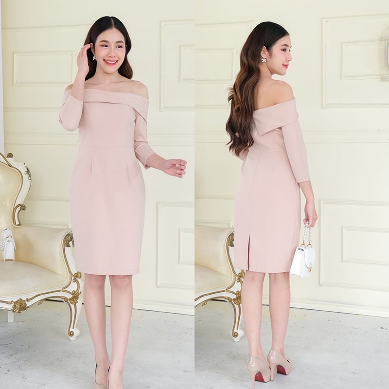 kudapy เดรสสั้นสีชมพู/สีครีม/สีชาไทย/สีกรม เปิดบ่า ดีเทลพับบ่า แขนสามส่วน เข้ารูป ซิปหลัง มีซับในทั้งตัว ผ้าเครปเกาหลี