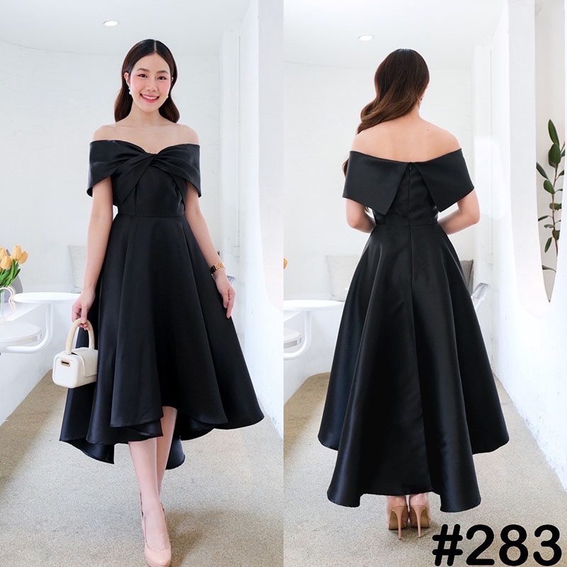 kudapy เดรสกระโปรงทรงหน้าสั้นหลังยาวสีดำ/สีขาว เปิดบ่าTwist อกใหญ่ ปิดพรางซ้อนแขน แบบอลังๆ แต่ไม่เวอร์วัง ทรงสวยเด่น เจ้าหญิง