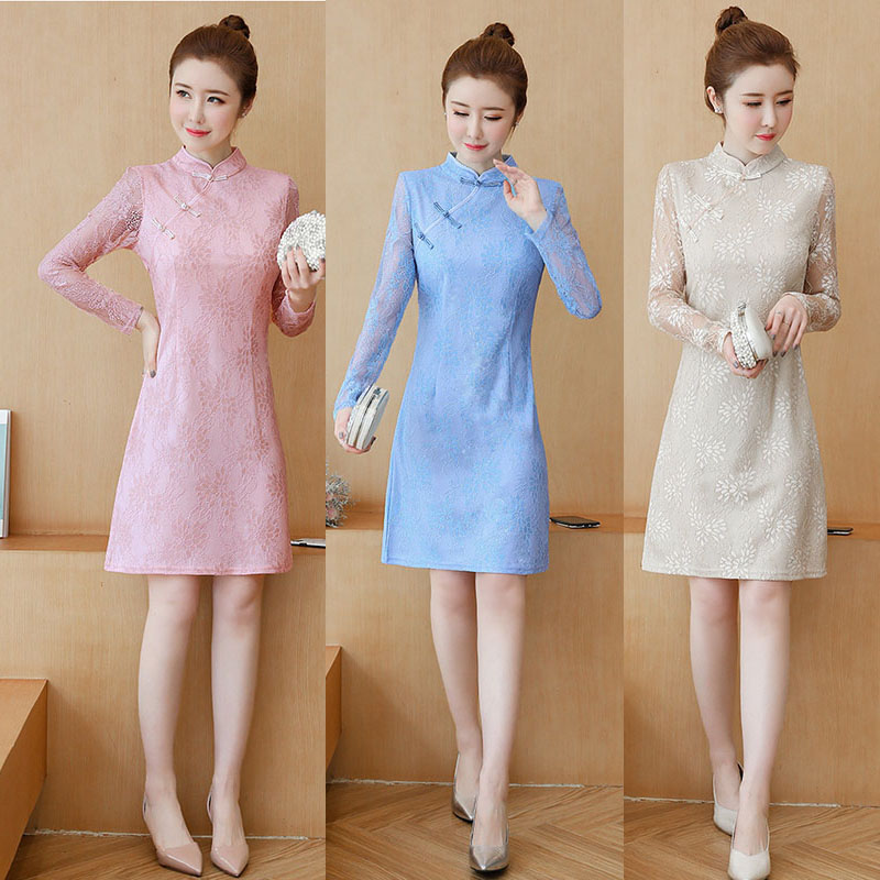 kudapy เดรสสั้นชมพู/สีครีม/สีฟ้า ลูกไม้ เดรสทรงตรงเข้ารูป คอจีน แขนยาว แนวเรียบร้อย สวยดูดี ชุดเดรสทำงาน ชุดเดรสออกงาน