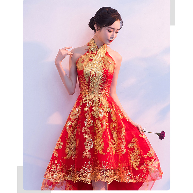 kudapy ชุดเจ้าสาวยกน้ำชาสีแดง คอเต่าแขนกุดหน้าสั้นหลังยาว