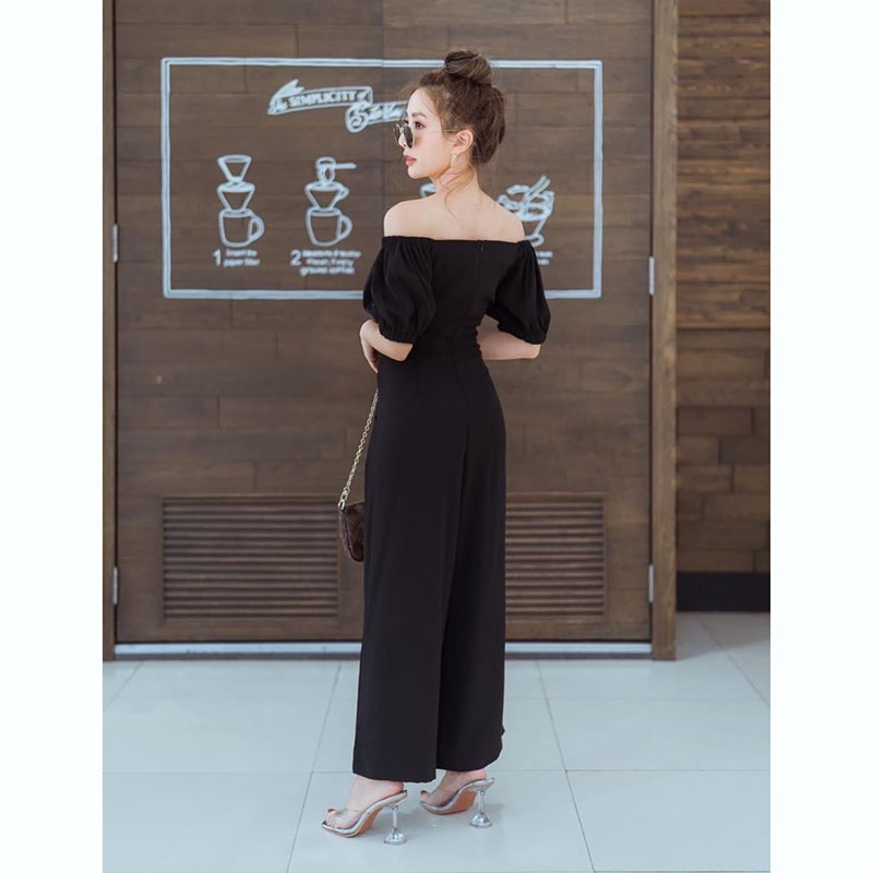 kudapy จั๊มสูทขายาวสีกากี/สีดำ ทรงสวย แต่งเปิดไหล่ แขนตุ๊กตา กระเป๋าข้าง ผ้าเนื้อดี