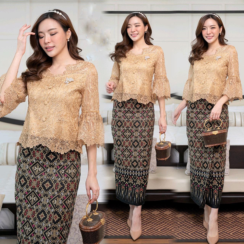 kudapy เซ็ทเสื้อลูกไม้ใยบวบดอกลอยเกรดพรีเมี่ยมสีส้ม/สีทอง มาพร้อมกับผ้าถุง ผ้าไหมแพรวากาฬสินทร์สำเร็จรูปอัดกาวอย่างดี