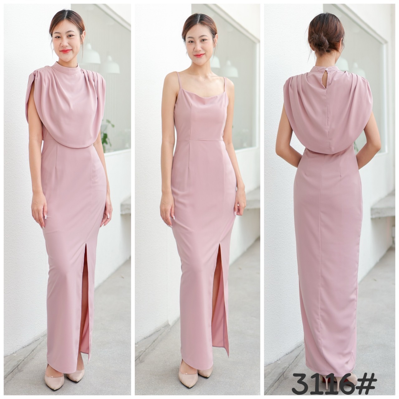 kudapy ชุดราตรีออกงาน สายเดี่ยวเข้ารูป ส่เสื้อคลุมชายโค้ง เนื้อผ้าชีฟองหนา