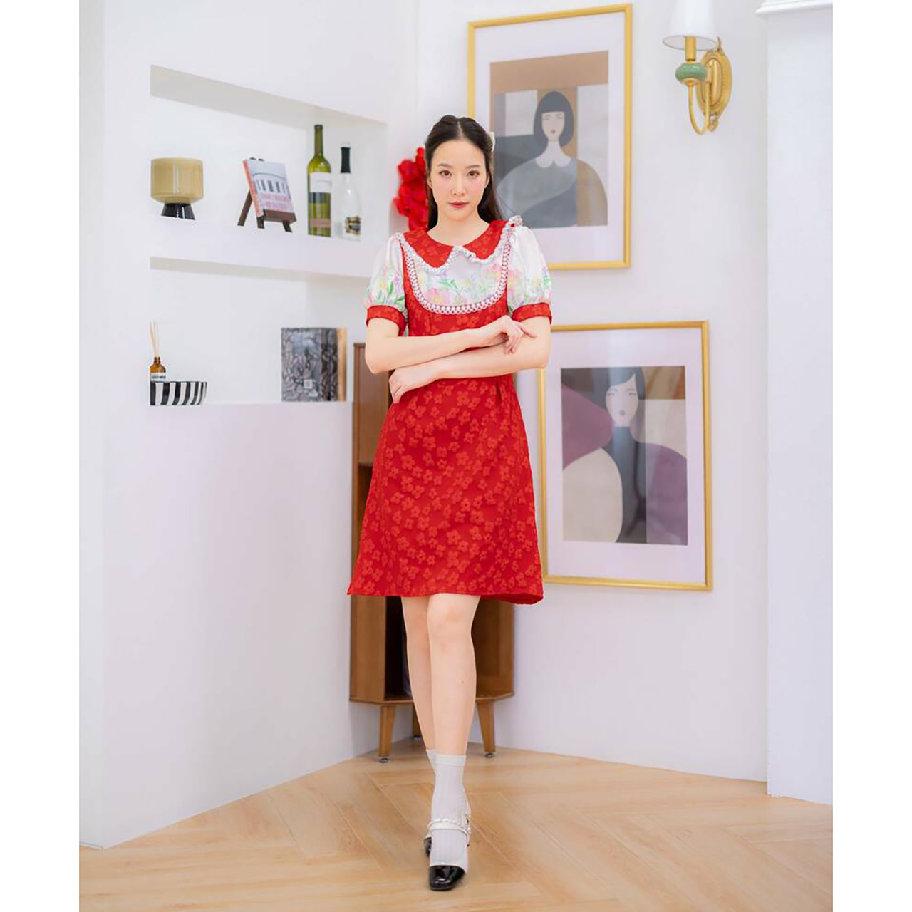 kudapy เดรสสั้นสีคราม/สีชมพู/สีแดง ทรงบานผ้าแจคกาดปักคดอก